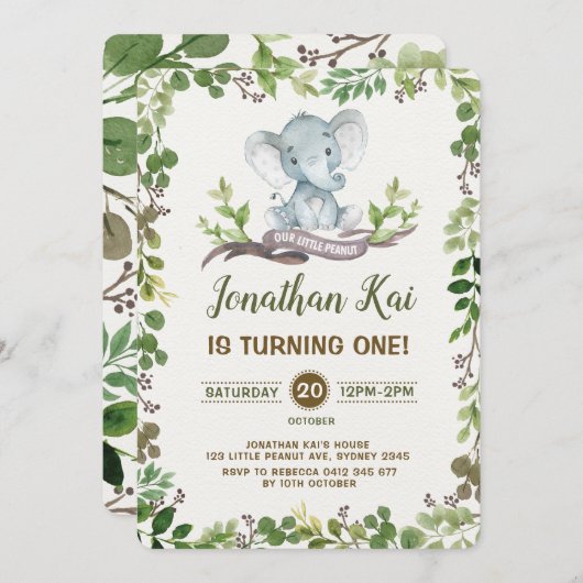 Elephant de verdure 1er anniversaire Invitation de (Devant / Derrière)