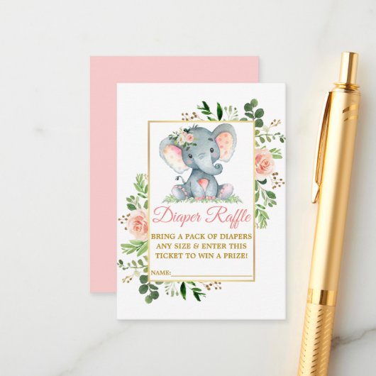 Elephant Diaper Raffle Roze Baby shower Informatiekaartje (Voorkant / Achterkant in situ)