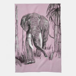 Elephant die door gegoten savanna in roze rolt theedoek