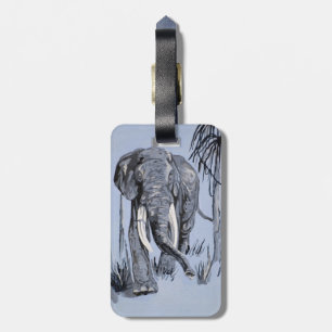 Elephant die door gegoten savanna rolt in blauw bagagelabel
