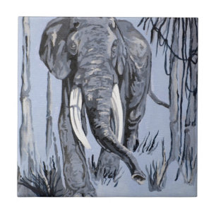 Elephant die door gegoten savanna rolt in blauw tegeltje
