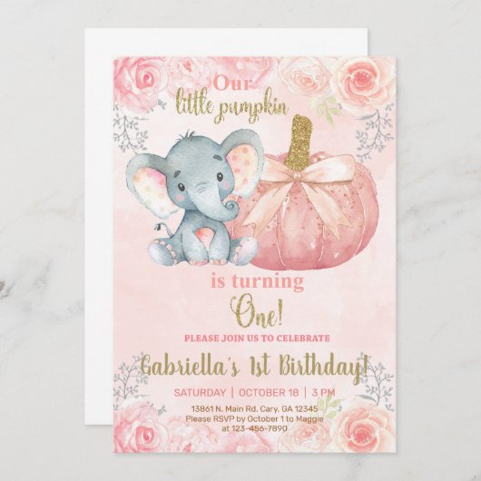 Eléphant doux petit citrouille invitation de 1er a (Devant / Derrière)