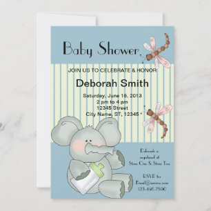 Elephant Dragonfly Blue Stripe Baby shower Kaart