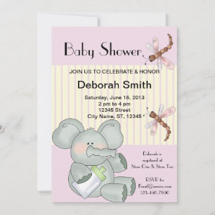 Elephant Dragonfly roze Stripe Baby shower Kaart