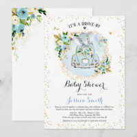 Elephant drive by Baby shower Invitation Blue