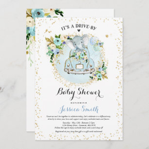 Elephant drive by Baby shower Invitation Blue Kaart