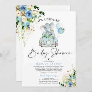 Elephant drive by Baby shower Invitation Blue Kaart