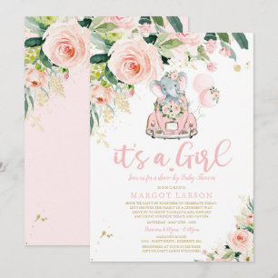 Elephant drive by Baby shower Invitation roze Rose Kaart