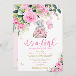 Elephant drive by Baby shower Invitation roze Rose Kaart