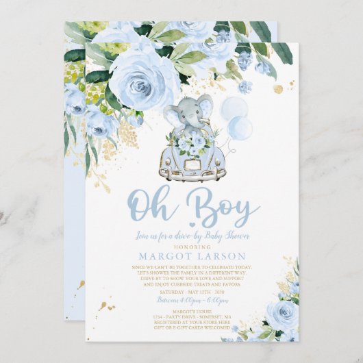 Elephant Drive door Baby shower Uitnodiging Blauw (Voorkant / Achterkant)