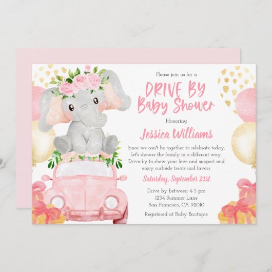 Elephant Drive op uitnodiging van het Baby shower (Voorkant / Achterkant)