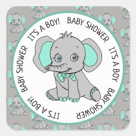 Elephant, een jongen, Baby shower Vierkante Sticker (Voorkant)
