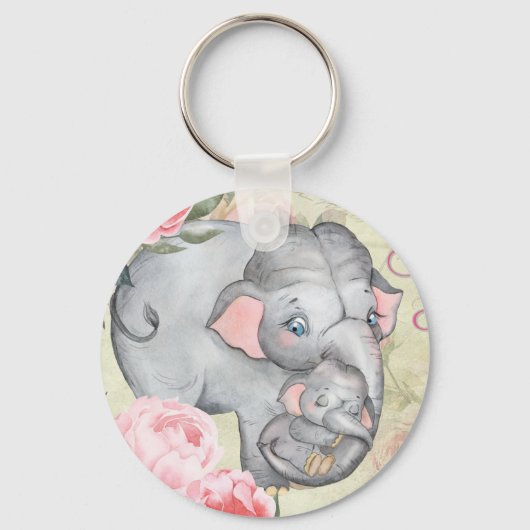 Elephant en Baby  Floral Moederdag Sleutelhanger (Voorkant)