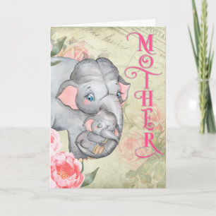 Elephant en Baby  Frech Floral Moederdag Kaart