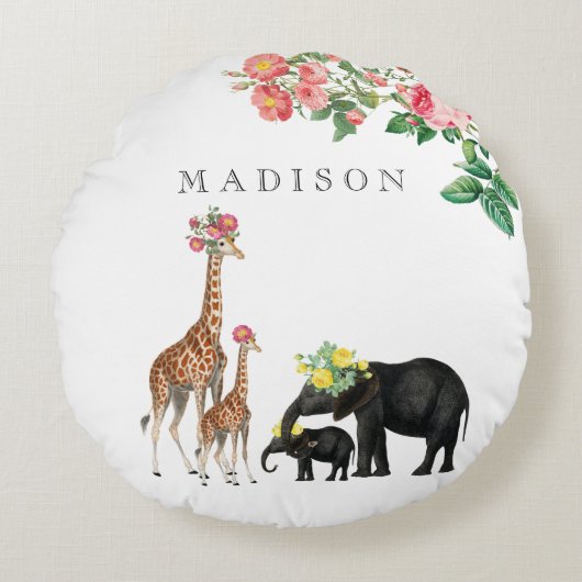 Elephant en Giraffe Floral - Aangepaste Baby Rond Kussen (Voorkant)