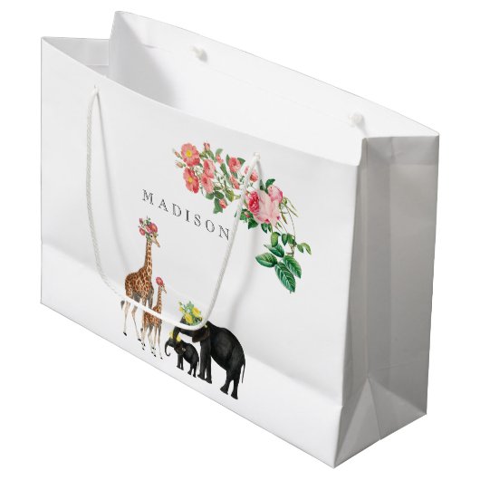 Elephant en Giraffe Floral - Aangepaste naam Groot Cadeauzakje (Voorkant Gekanteld)
