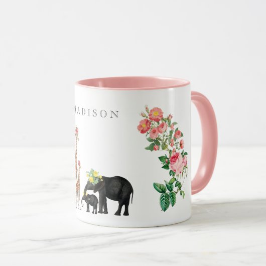 Elephant en Giraffe Floral - Aangepaste naam Mok (Voorkant rechts)