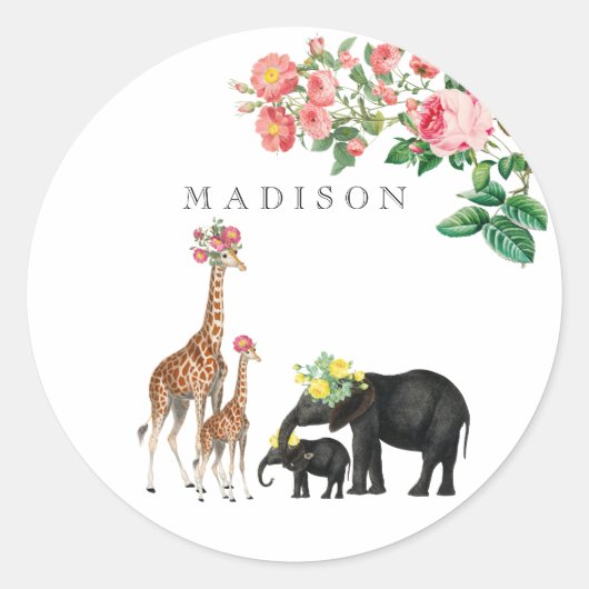 Elephant en Giraffe Floral - Aangepaste naam Ronde Sticker (Voorkant)