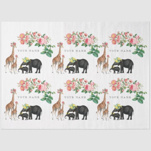 Elephant en Giraffe Floral - Aangepaste naam Tissuepapier (Voorkant)