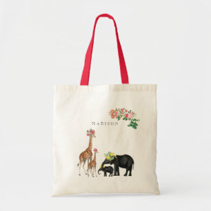 Elephant en Giraffe Floral - Aangepaste naam Tote Bag