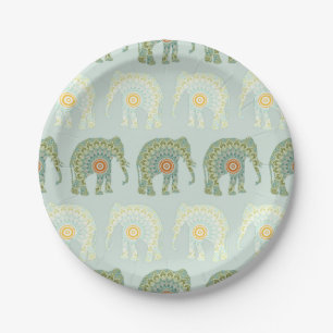 Elephant en Mandala Pattern in Light Green Papieren Bordje