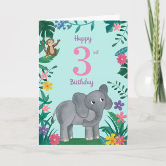 Eléphant et amis 3e carte d'anniversaire
