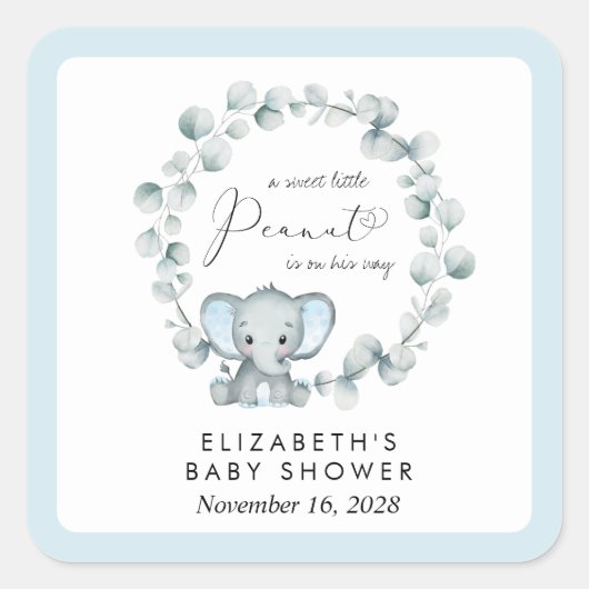 Elephant Eucalyptus Baby Boy Shower Vierkante Sticker (Voorkant)