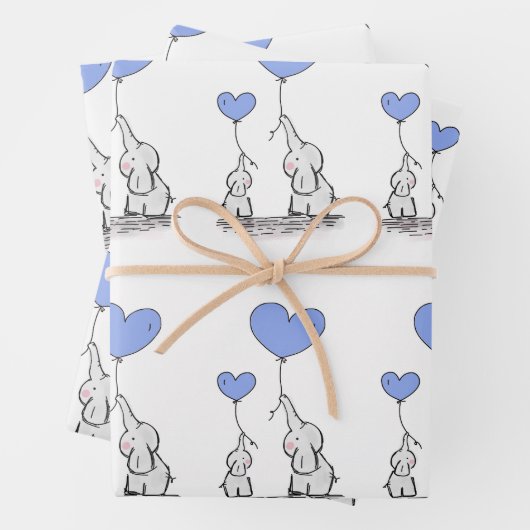 Elephant Family with Blue Heart Balloons Inpakpapier Vel (In situ)
