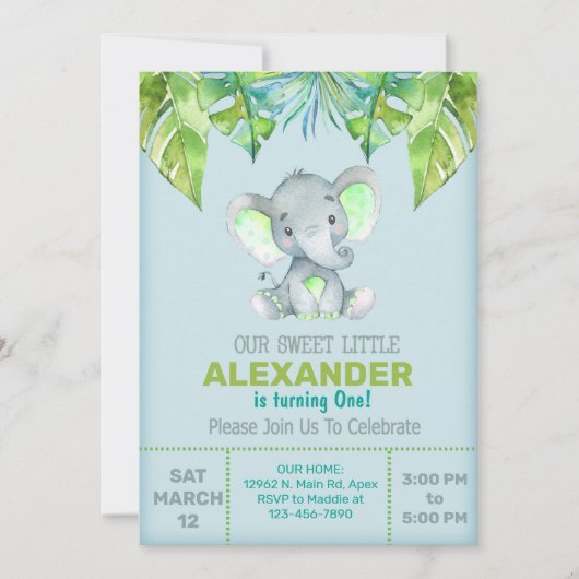 Elephant & feuille invitation d'anniversaire garço (Devant)