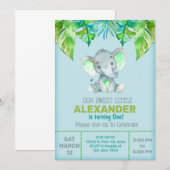 Elephant & feuille invitation d'anniversaire garço (Devant / Derrière)