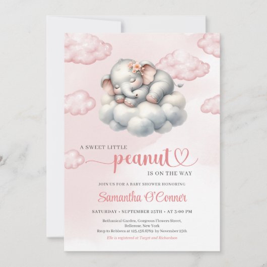 Elephant fille Baby shower Invitation arachide (Devant)