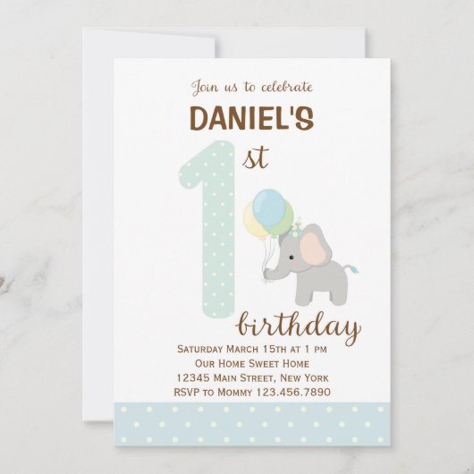 Elephant First Birthday Invitation (blauw) Kaart (Voorkant)