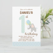 Elephant First Birthday Invitation (blauw) Kaart (Staand voorkant)