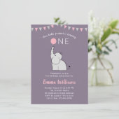 Elephant First Birthday Party Invitation for Girl Kaart (Staand voorkant)