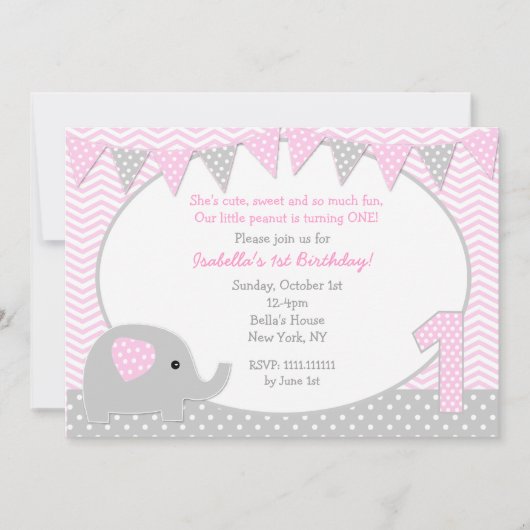 Elephant First Birthday Party Invitations Kaart (Voorkant)