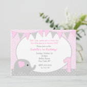 Elephant First Birthday Party Invitations Kaart (Staand voorkant)