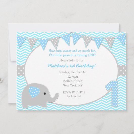 Elephant First Birthday Party Invitations Kaart (Voorkant)