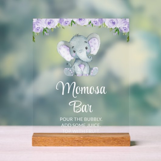 Elephant, Fleurs violettes, Baby shower Momosa Bar (Neutre)