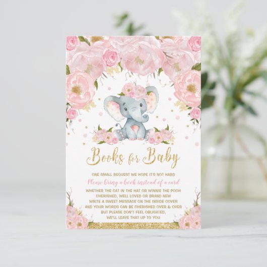 Elephant Floral Baby shower brengt boek mee Informatiekaartje (Staand voorkant)