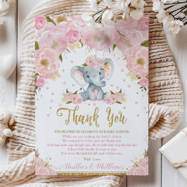 Elephant Floral Baby shower Dank je kaart Meisje
