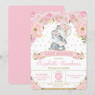 Eléphant Floral Baby shower Invitation fille