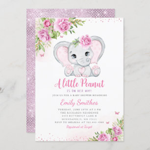Eléphant Floral Baby shower Invitation fille
