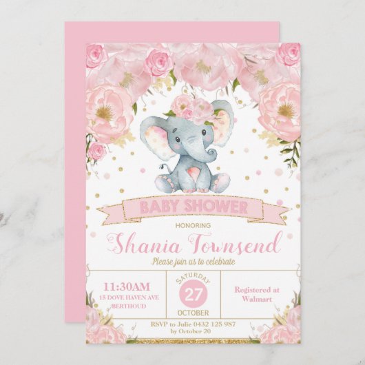 Eléphant Floral Baby shower Invitation fille (Devant / Derrière)