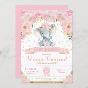 Eléphant Floral Baby shower Invitation fille