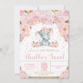 Eléphant Floral Baby shower Invitation fille (Devant)