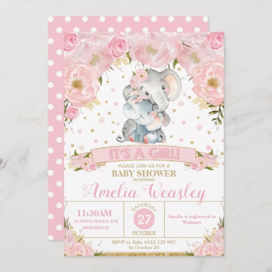 Eléphant Floral Baby shower Invitation fille (Devant / Derrière)