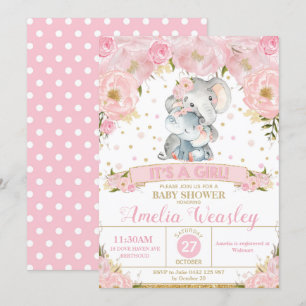 Eléphant Floral Baby shower Invitation fille