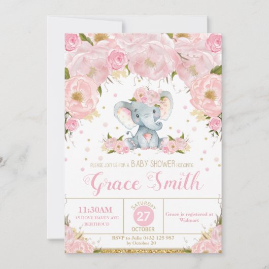 Eléphant Floral Baby shower Invitation fille (Devant)