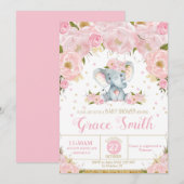 Eléphant Floral Baby shower Invitation fille (Devant / Derrière)