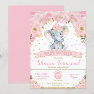 Elephant Floral Baby shower Invitation Girl Kaart